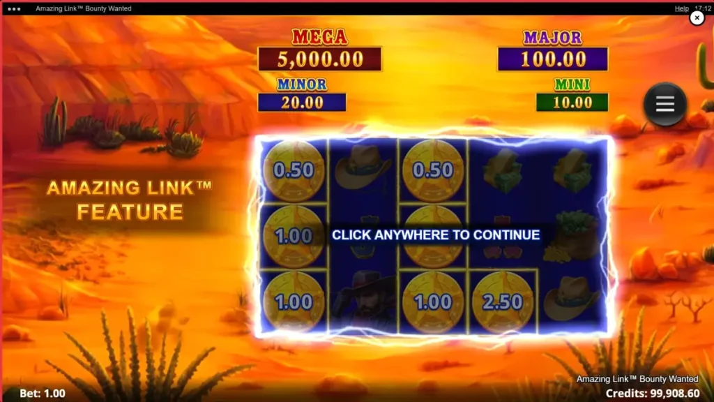 Amazing Link Bounty Wanted slot game interface featuring desert theme and cowboy elements
