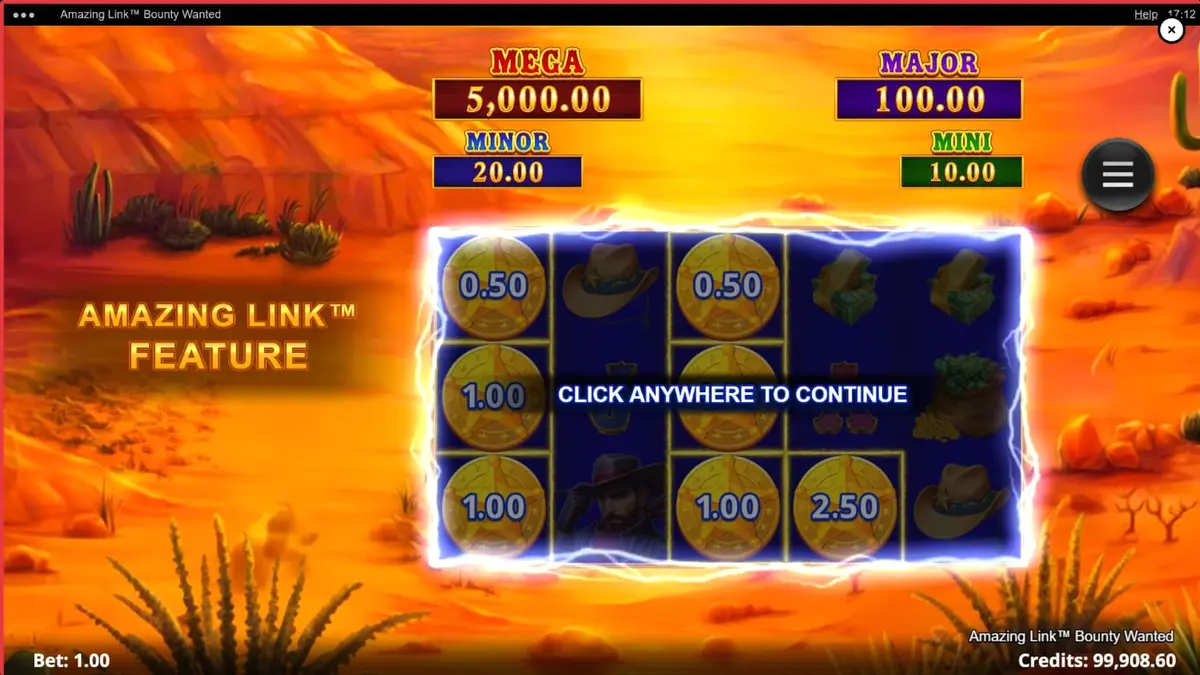 Amazing Link Bounty Wanted slot game interface featuring desert theme and cowboy elements
