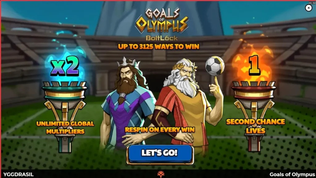Goals of Olympus BoltLock slot game interface featuring Zeus and football elements