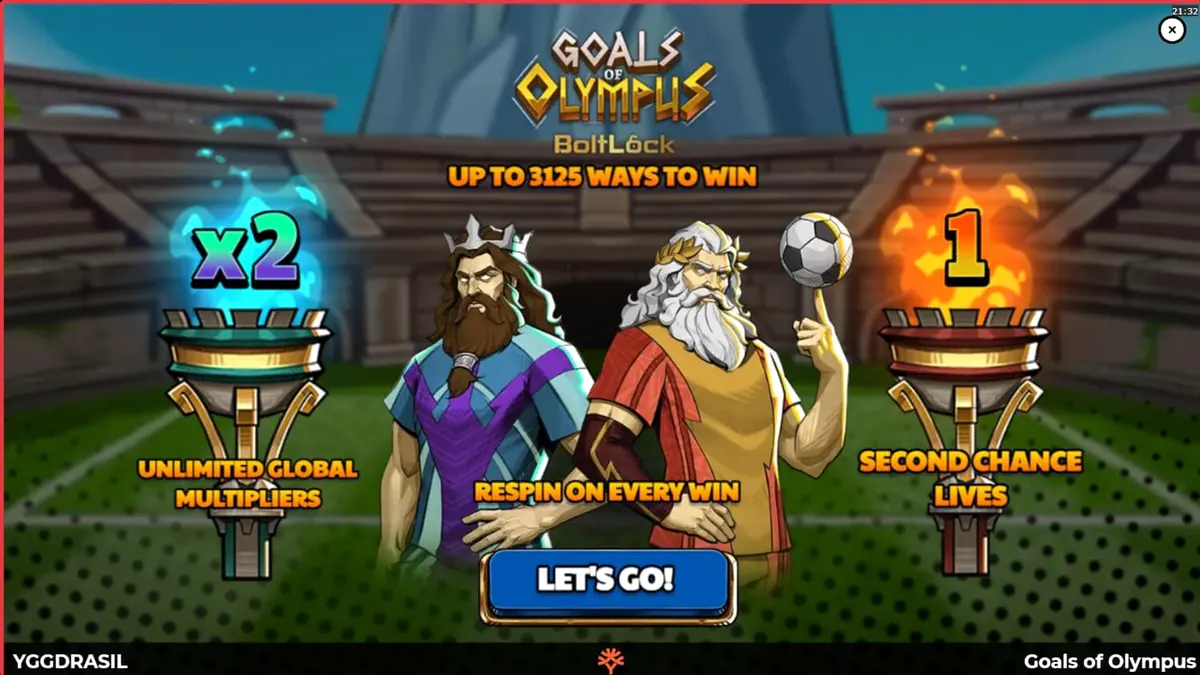 Goals of Olympus BoltLock slot game interface featuring Zeus and football elements