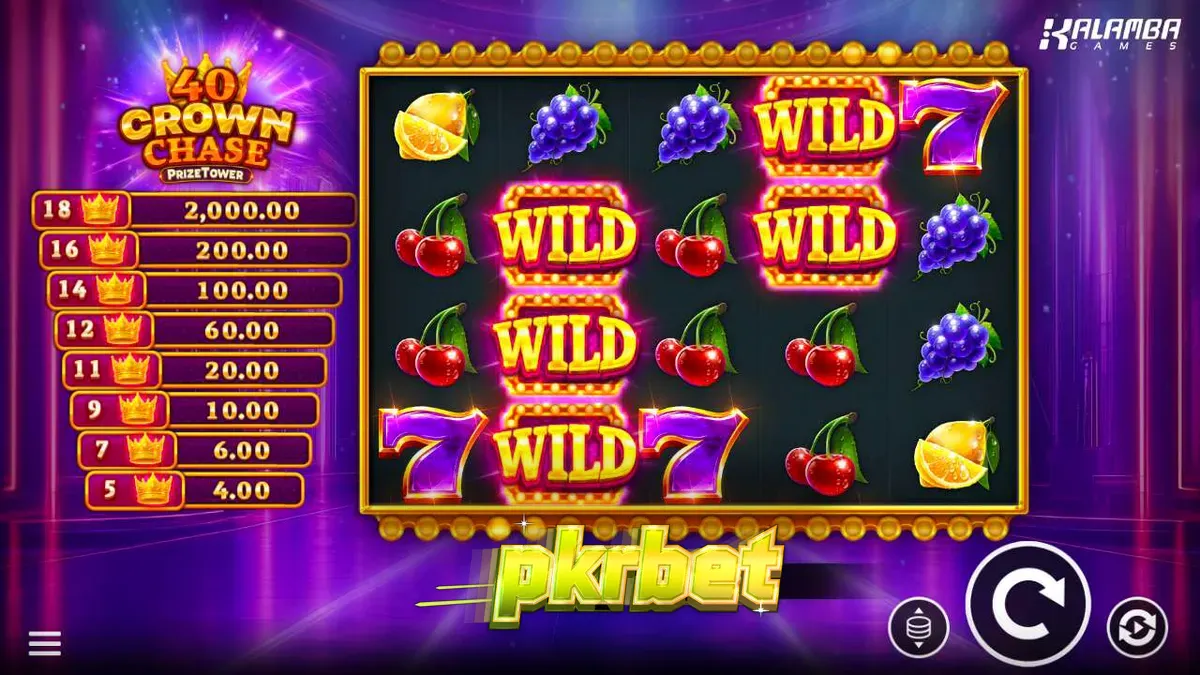 40 Crown Chase PrizeTower سلاٹ کا ایک منظر جس میں شاہی کراؤن اور فروٹ سمبلز نمایاں ہیں۔